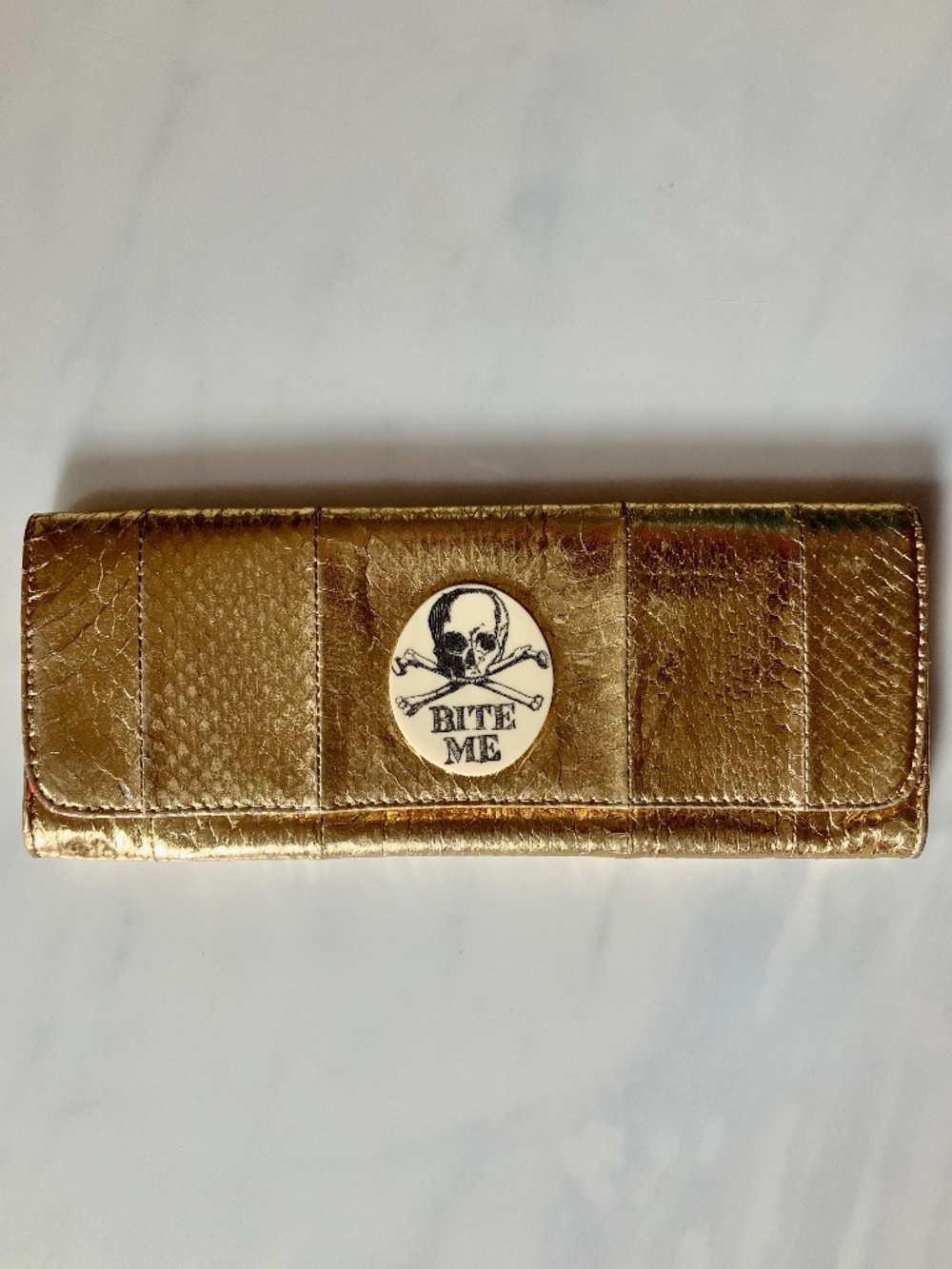 Jessica Kagan Cushman JK  Gold Faux Crocodile Leather Skull “Bite Me" Clutch